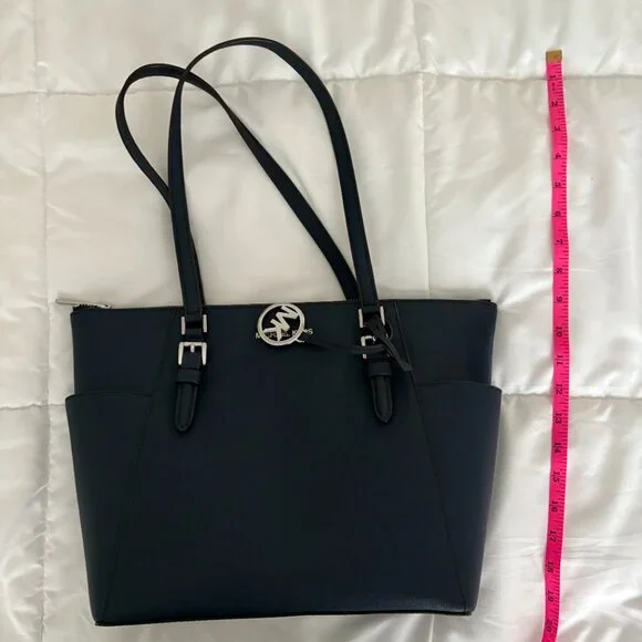 Michael Kors Charlotte Medium Tote Navy Saffiano Leather Top Zipper - Picture 15 of 15
